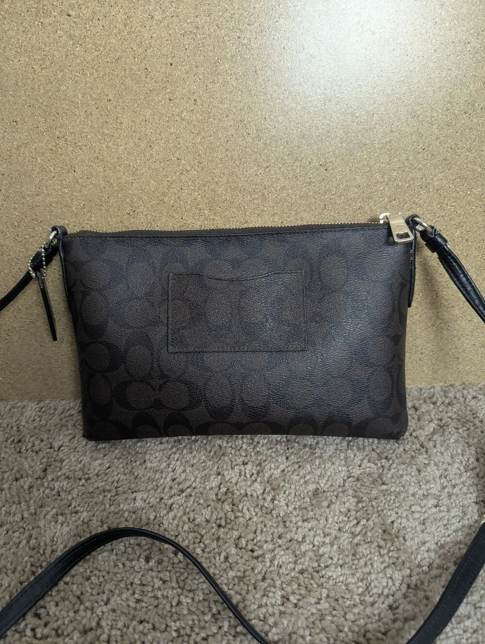 COACH Signature Leather Crossbody Bag Brown Black Canvas Print Zip Pocket Purse